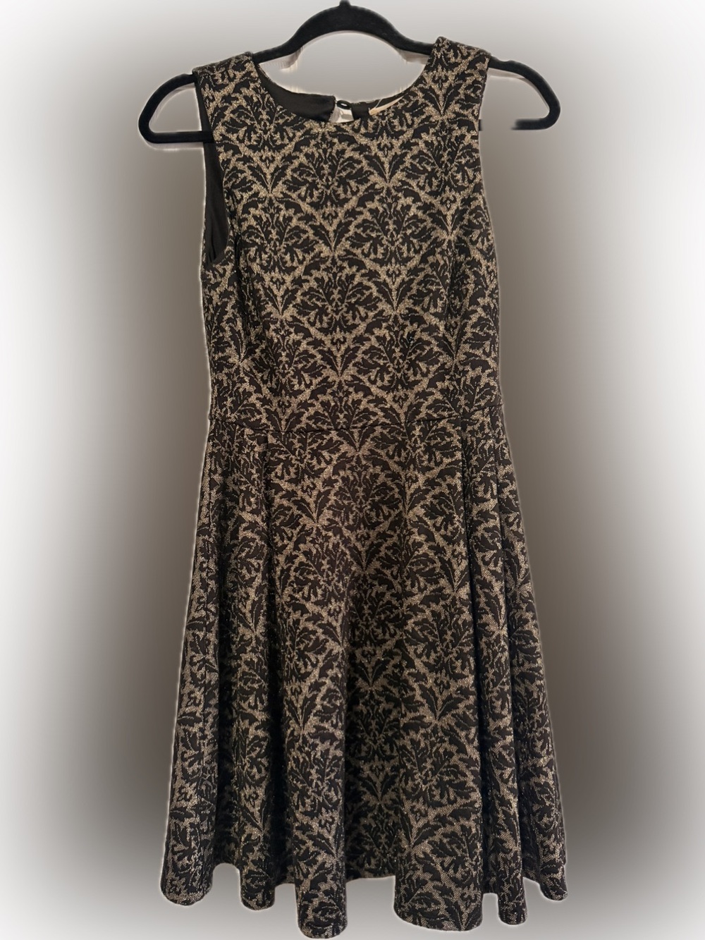 Altar'd State Black and Gold Floral Jacquard Skater Dress